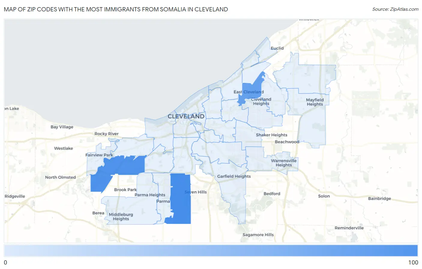 Zip Codes with the Most Immigrants from Somalia in Cleveland Map