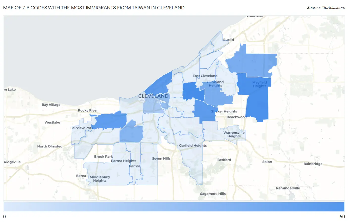 Zip Codes with the Most Immigrants from Taiwan in Cleveland Map