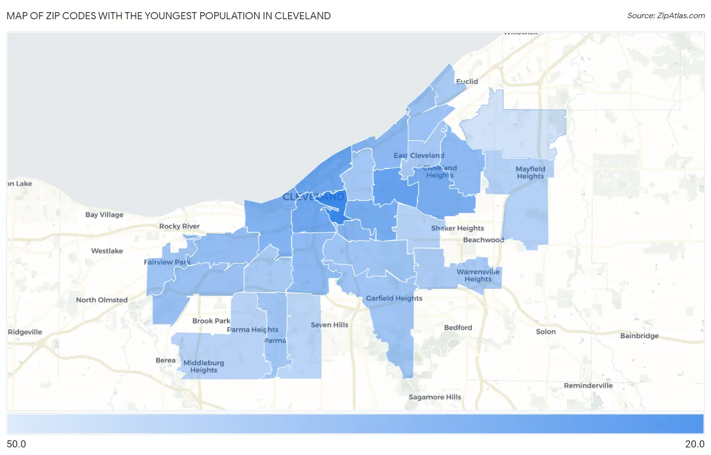 Zip Codes with the Youngest Population in Cleveland Map
