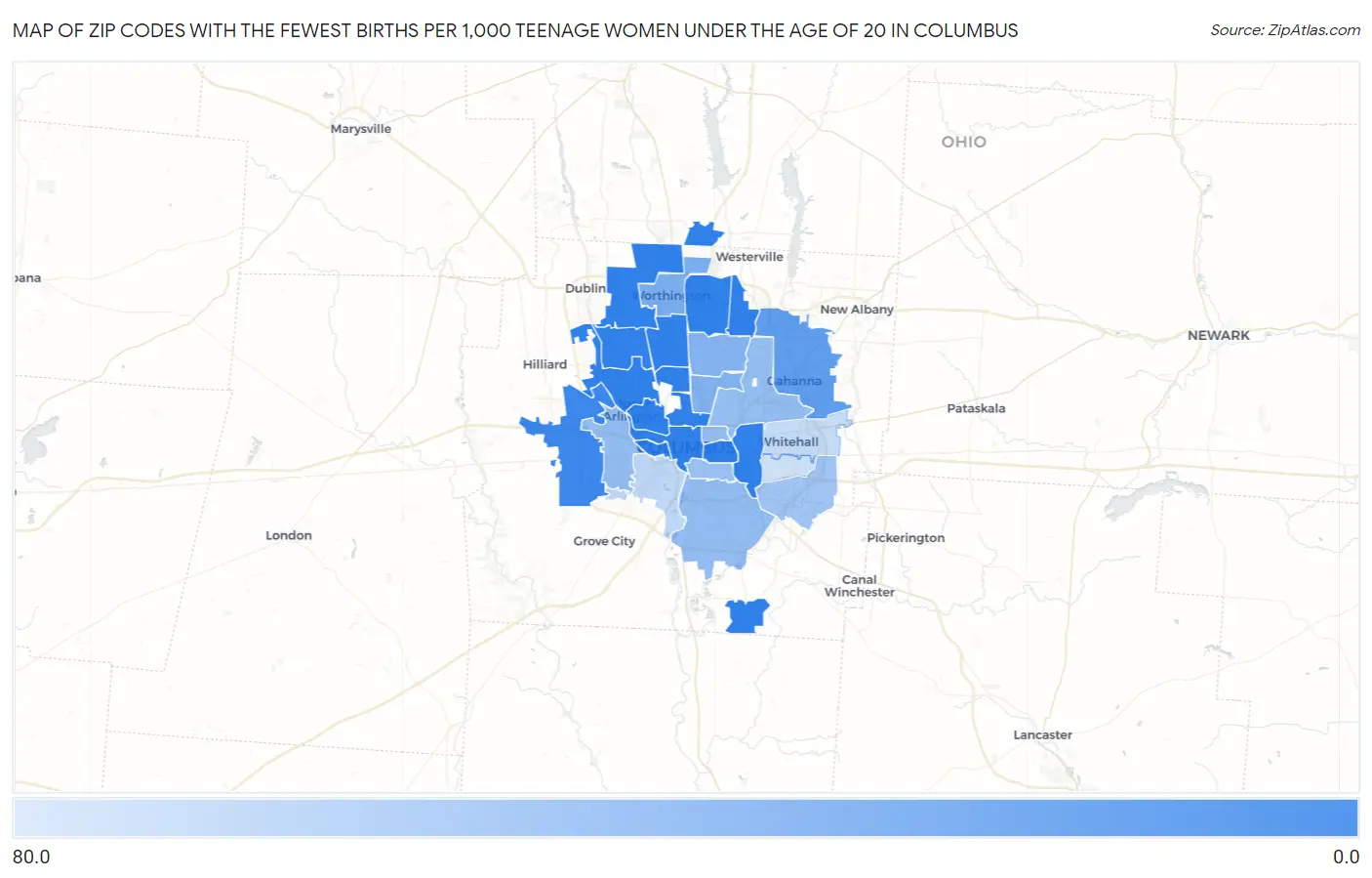 Zip Codes with the Fewest Births per 1,000 Teenage Women Under the Age of 20 in Columbus Map