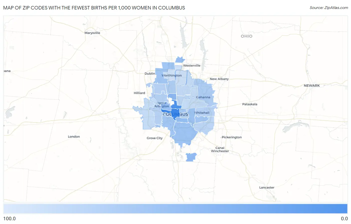 Zip Codes with the Fewest Births per 1,000 Women in Columbus Map
