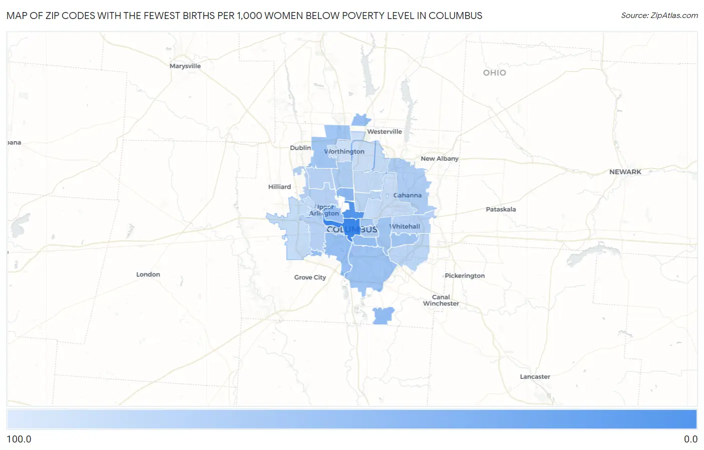 Zip Codes with the Fewest Births per 1,000 Women Below Poverty Level in Columbus Map