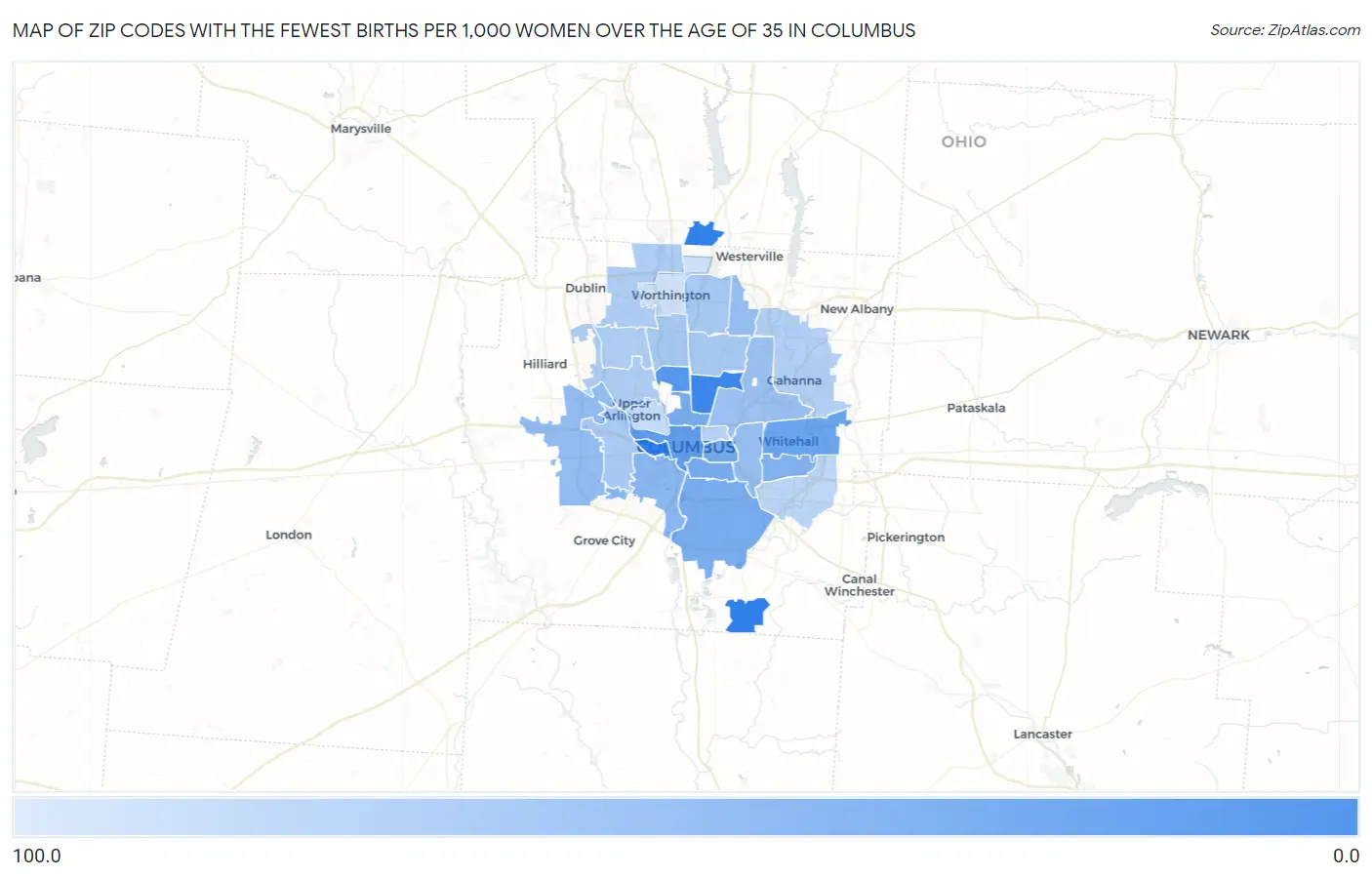 Zip Codes with the Fewest Births per 1,000 Women Over the Age of 35 in Columbus Map