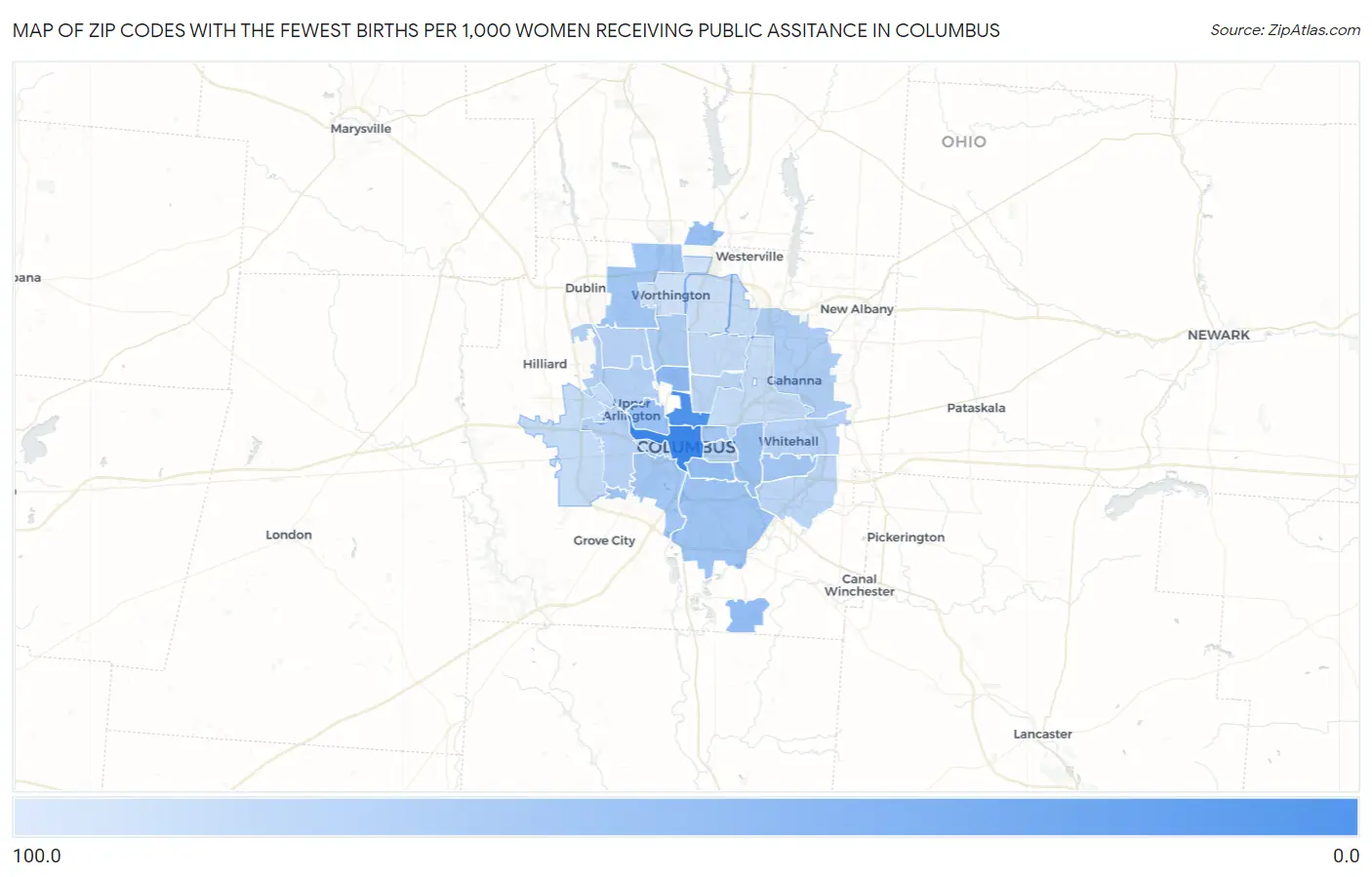 Zip Codes with the Fewest Births per 1,000 Women Receiving Public Assitance in Columbus Map