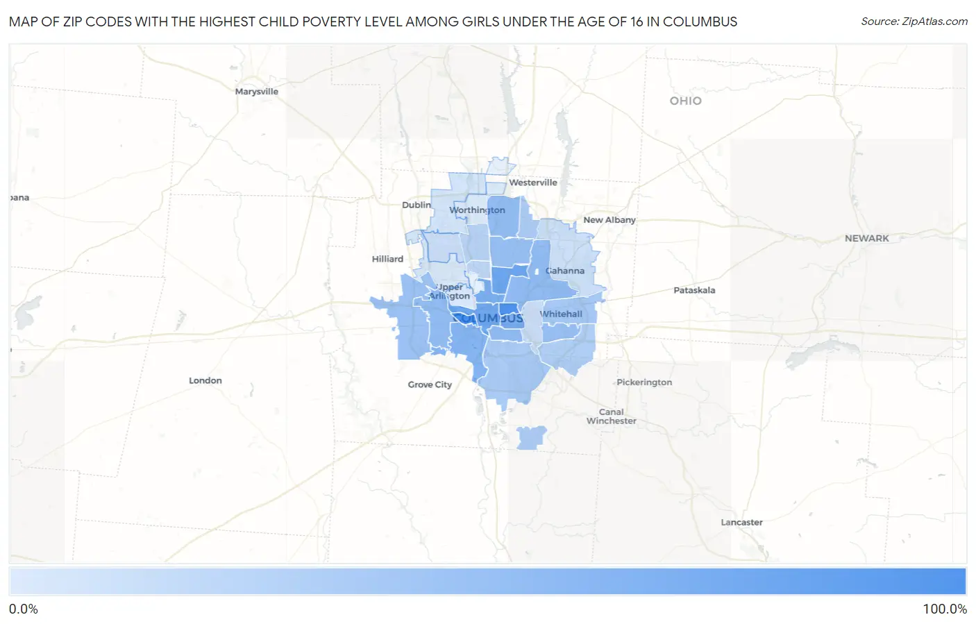 Zip Codes with the Highest Child Poverty Level Among Girls Under the Age of 16 in Columbus Map