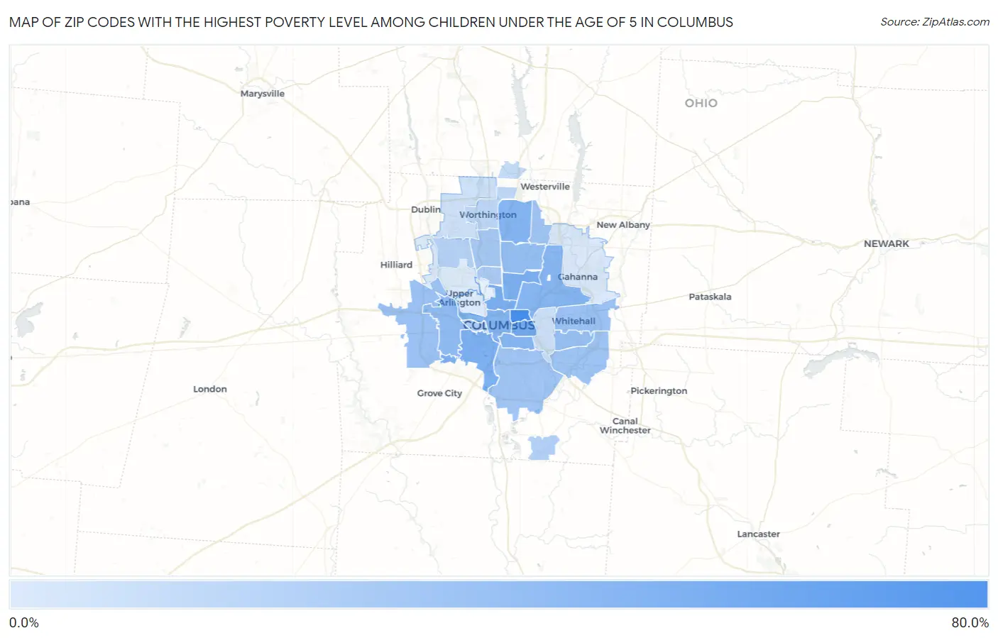 Zip Codes with the Highest Poverty Level Among Children Under the Age of 5 in Columbus Map