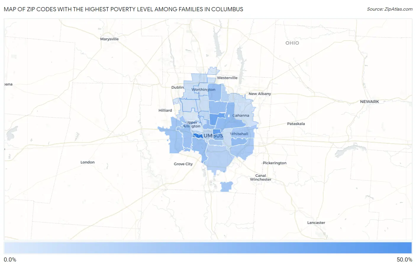 Zip Codes with the Highest Poverty Level Among Families in Columbus Map