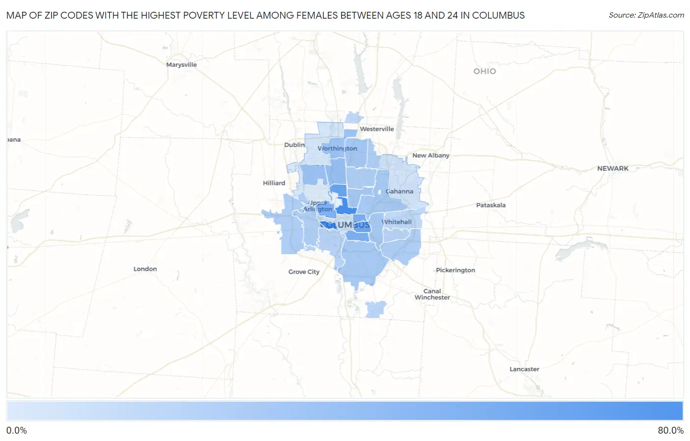 Zip Codes with the Highest Poverty Level Among Females Between Ages 18 and 24 in Columbus Map