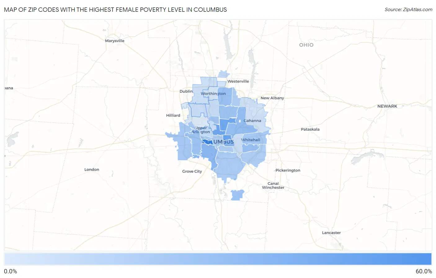 Zip Codes with the Highest Female Poverty Level in Columbus Map