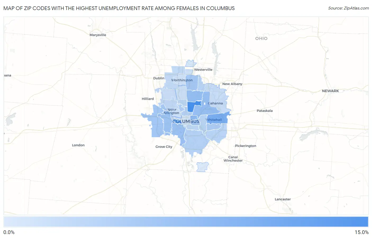 Zip Codes with the Highest Unemployment Rate Among Females in Columbus Map