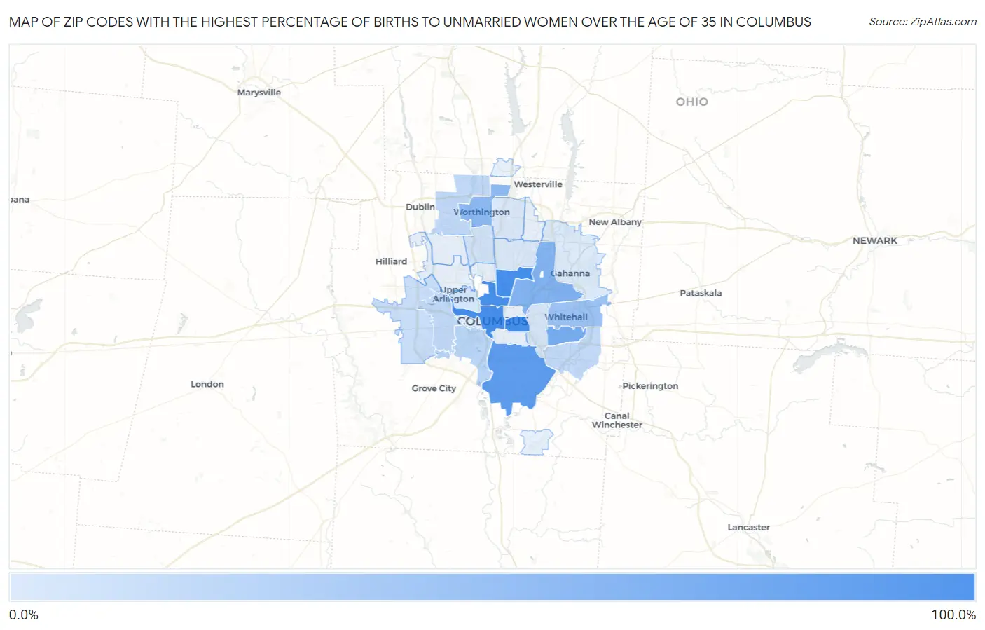 Zip Codes with the Highest Percentage of Births to Unmarried Women over the Age of 35 in Columbus Map