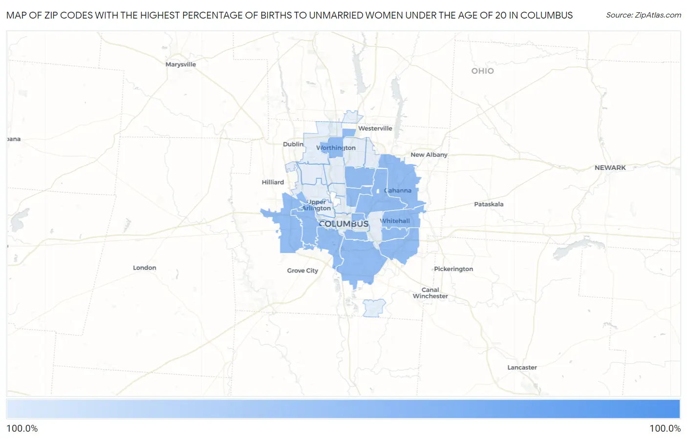Zip Codes with the Highest Percentage of Births to Unmarried Women under the Age of 20 in Columbus Map