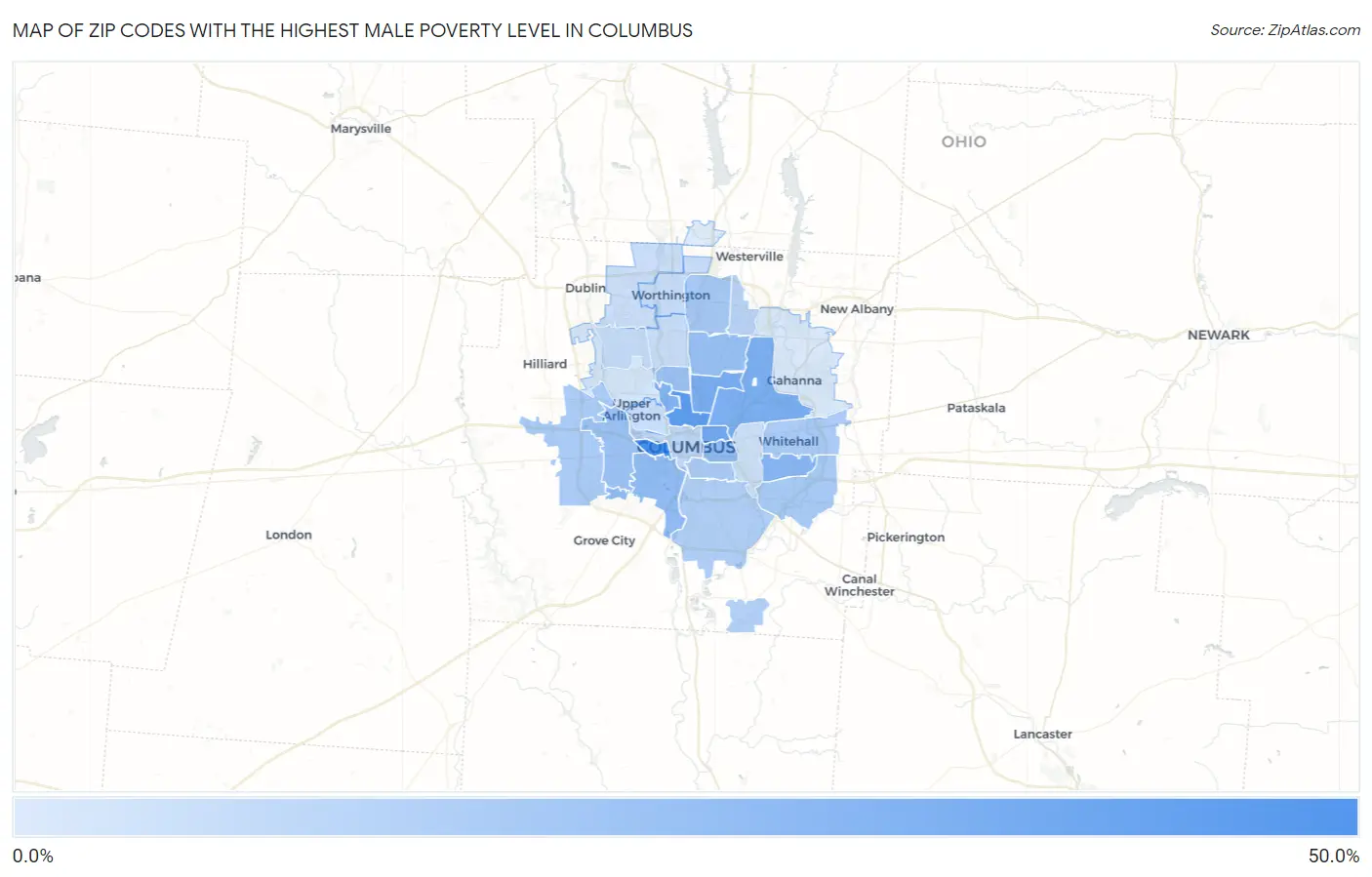 Zip Codes with the Highest Male Poverty Level in Columbus Map