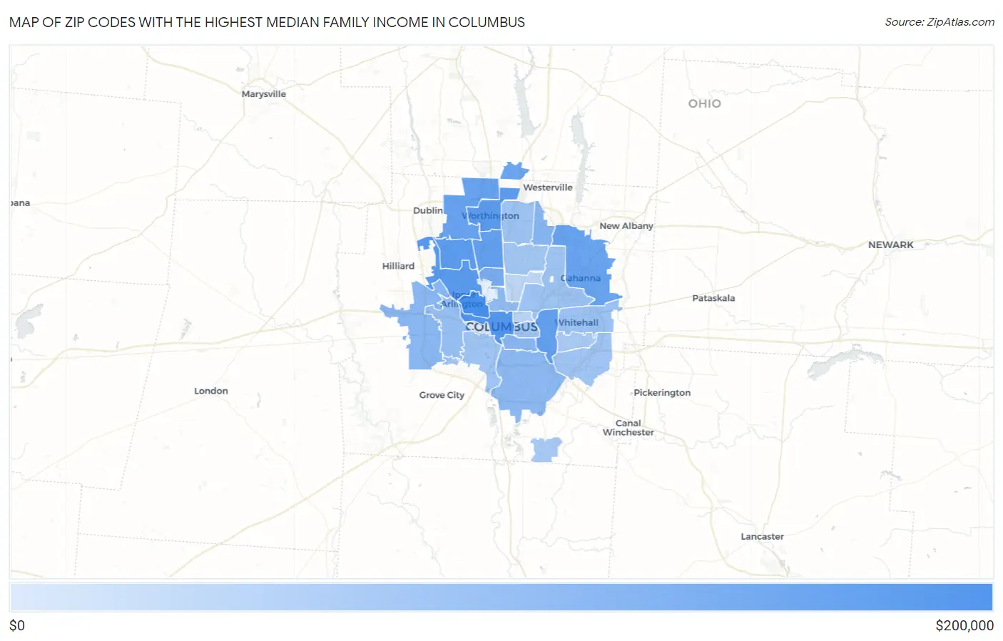 Zip Codes with the Highest Median Family Income in Columbus Map