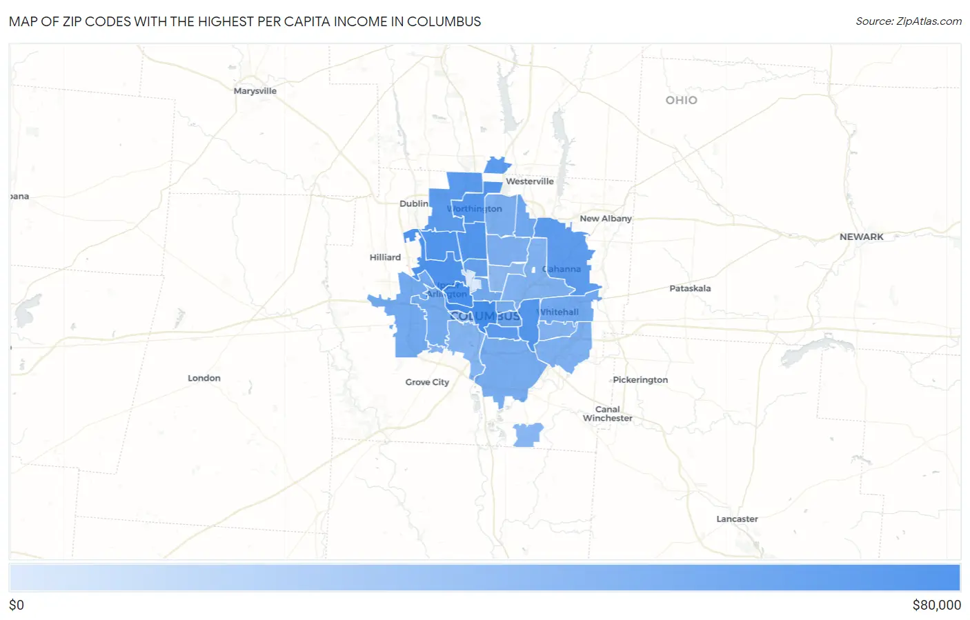 Zip Codes with the Highest Per Capita Income in Columbus Map