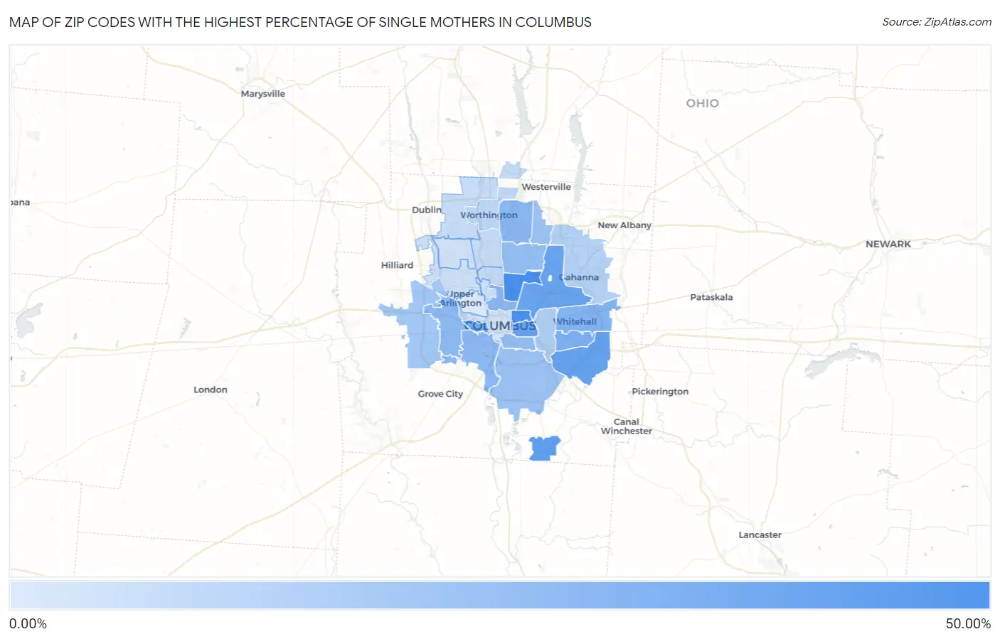Zip Codes with the Highest Percentage of Single Mothers in Columbus Map