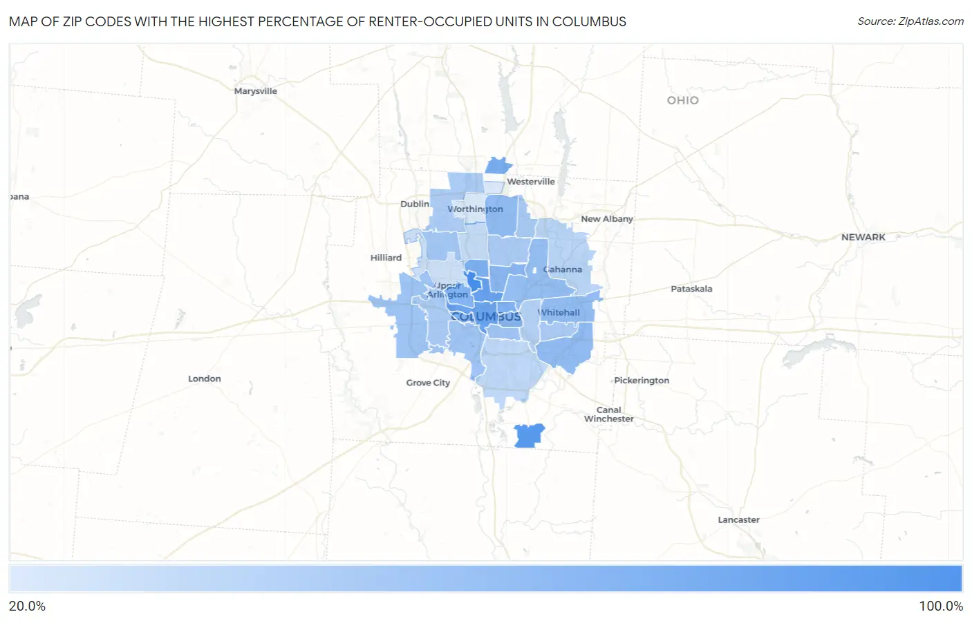 Zip Codes with the Highest Percentage of Renter-Occupied Units in Columbus Map