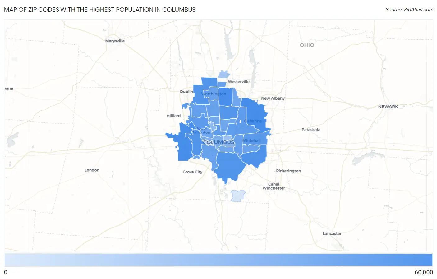 Zip Codes with the Highest Population in Columbus Map