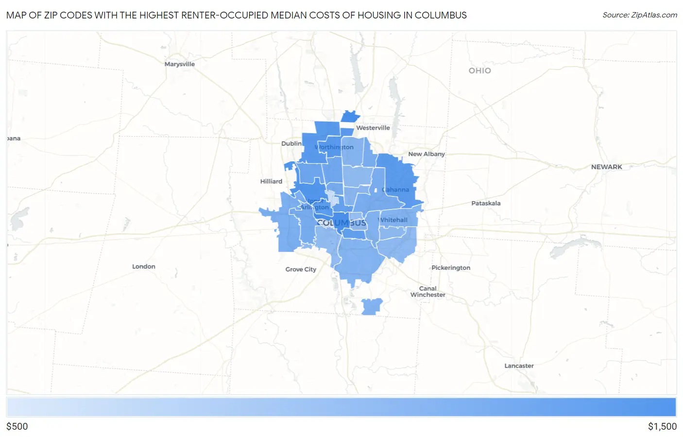 Zip Codes with the Highest Renter-Occupied Median Costs of Housing in Columbus Map