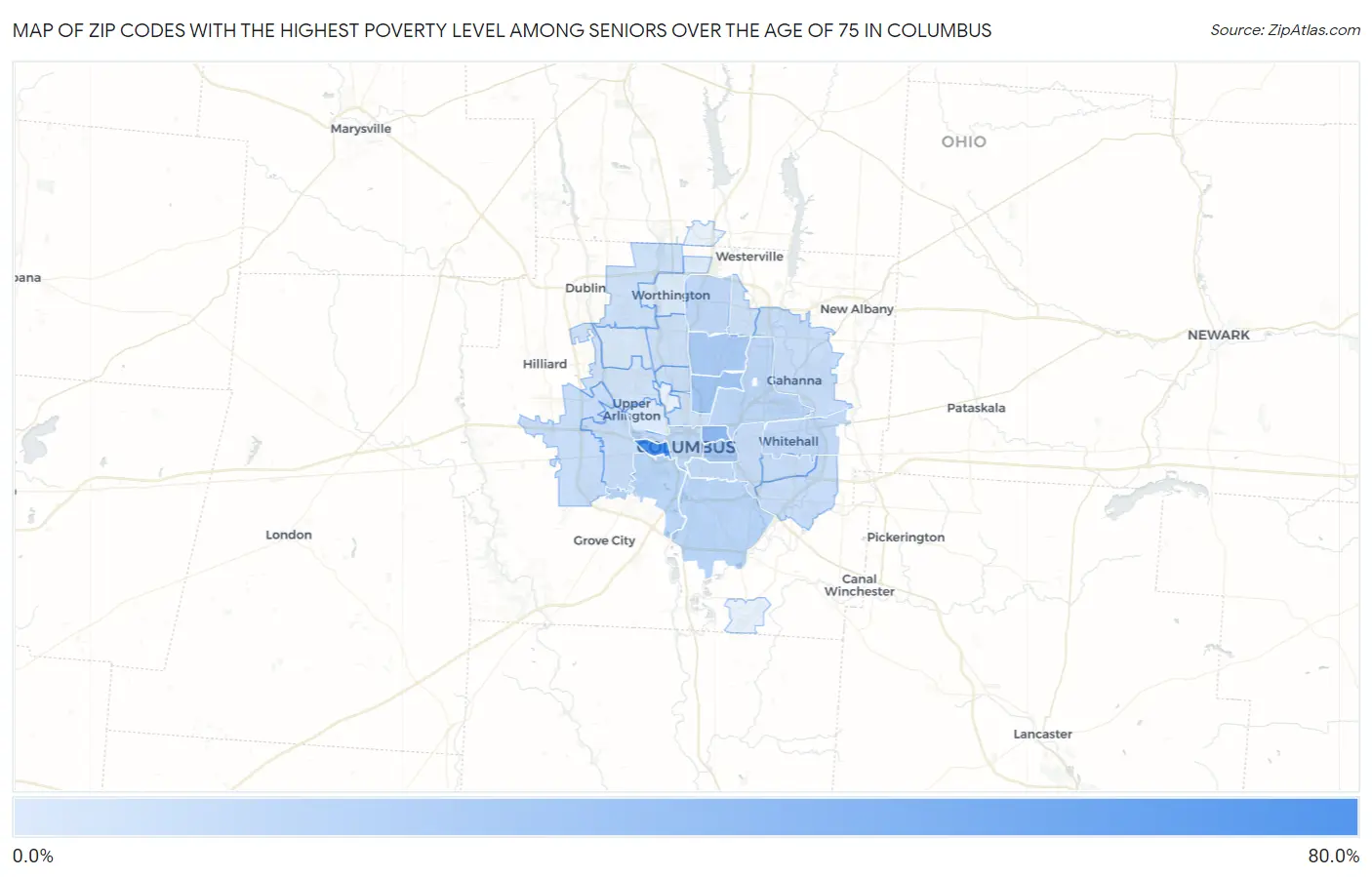 Zip Codes with the Highest Poverty Level Among Seniors Over the Age of 75 in Columbus Map