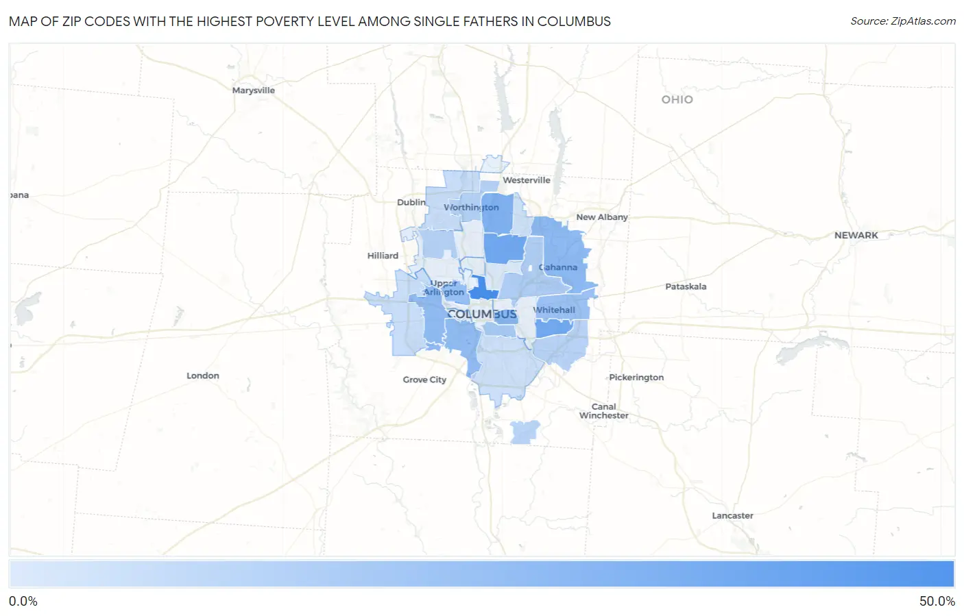 Zip Codes with the Highest Poverty Level Among Single Fathers in Columbus Map