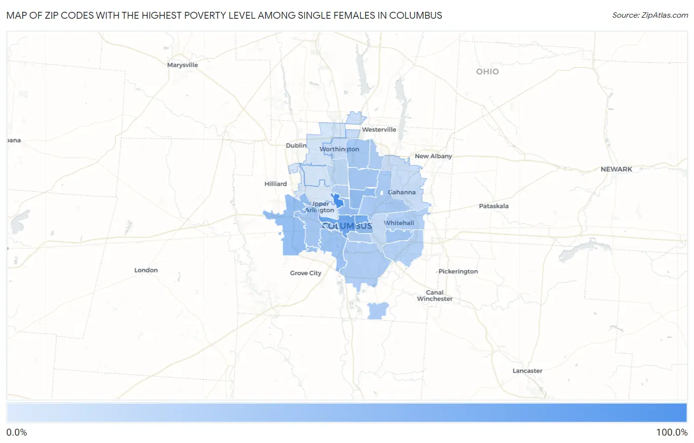 Zip Codes with the Highest Poverty Level Among Single Females in Columbus Map