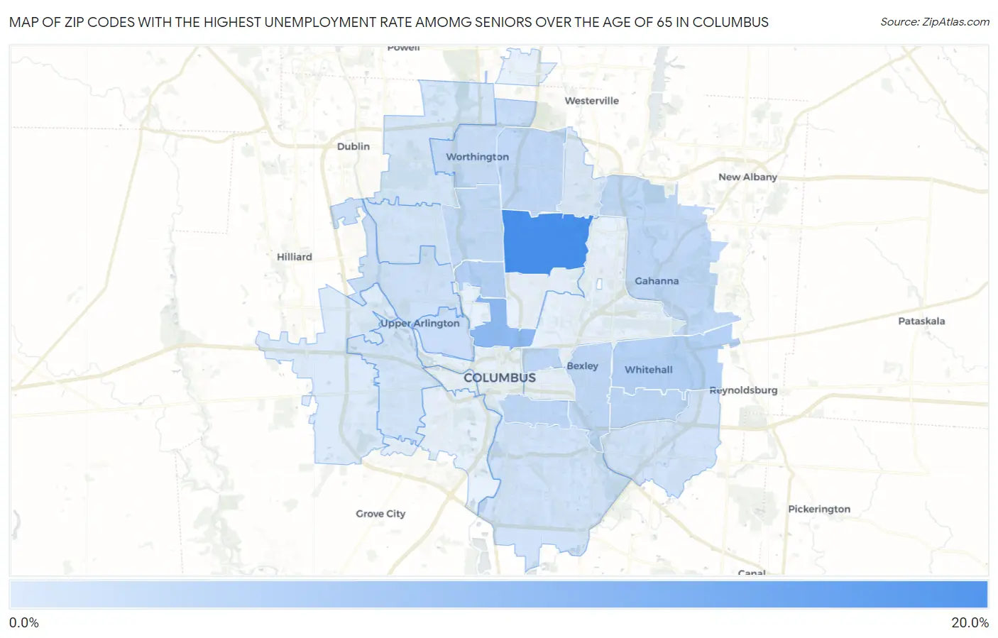 Zip Codes with the Highest Unemployment Rate Amomg Seniors Over the Age of 65 in Columbus Map