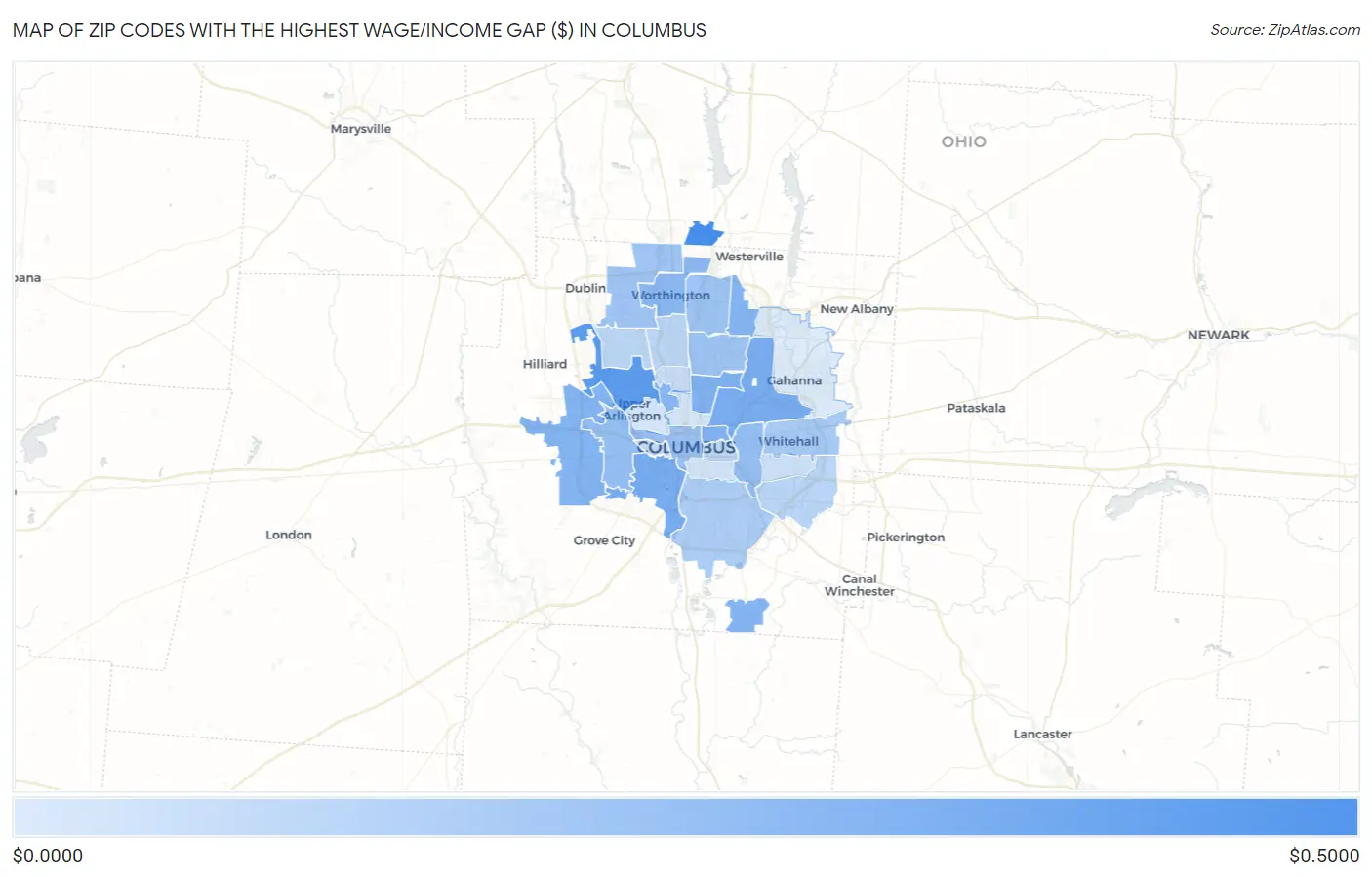 Zip Codes with the Highest Wage/Income Gap ($) in Columbus Map