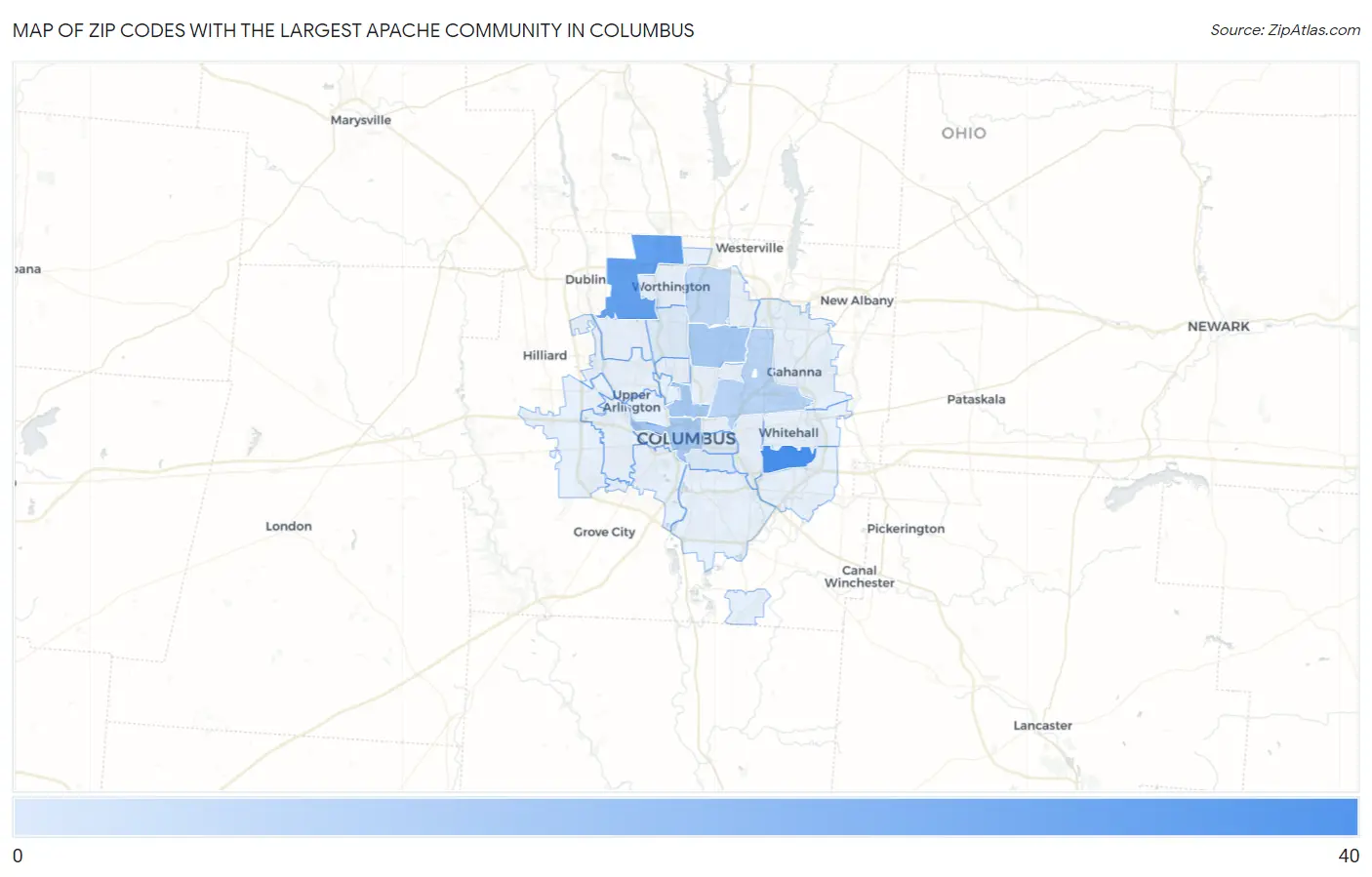 Zip Codes with the Largest Apache Community in Columbus Map