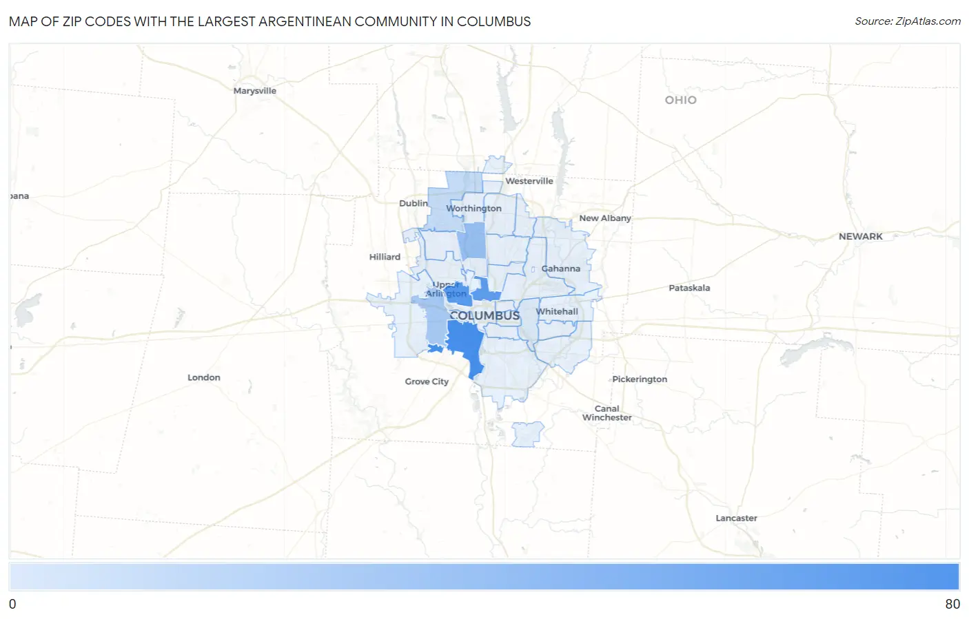 Zip Codes with the Largest Argentinean Community in Columbus Map