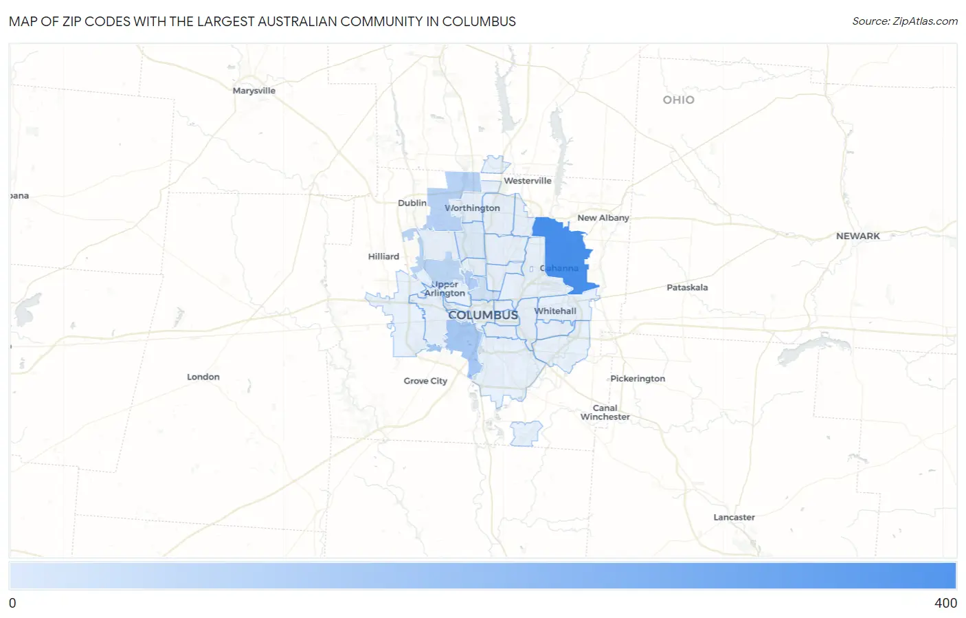 Zip Codes with the Largest Australian Community in Columbus Map