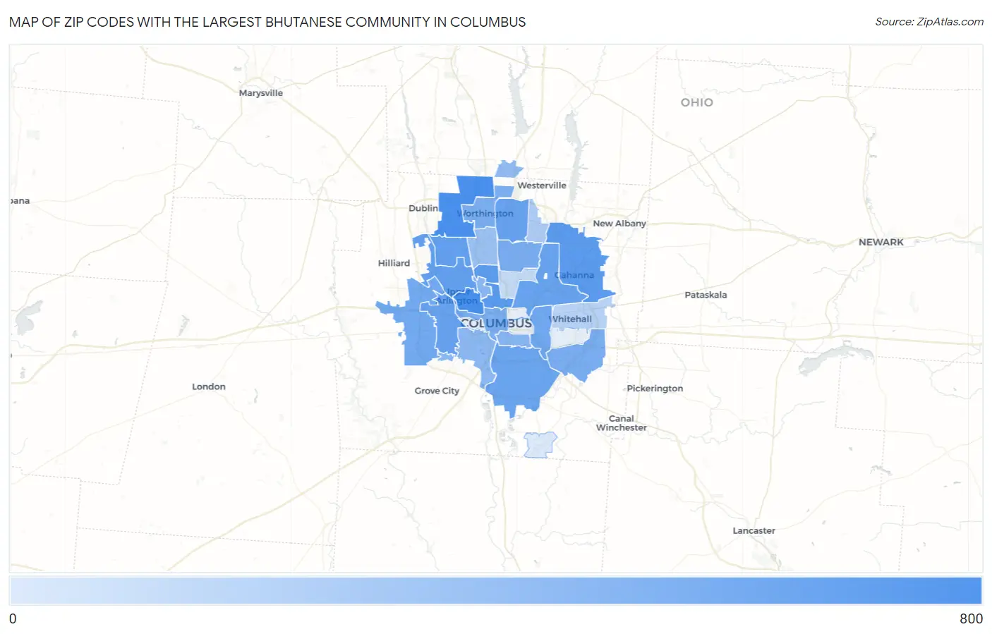 Zip Codes with the Largest Bhutanese Community in Columbus Map
