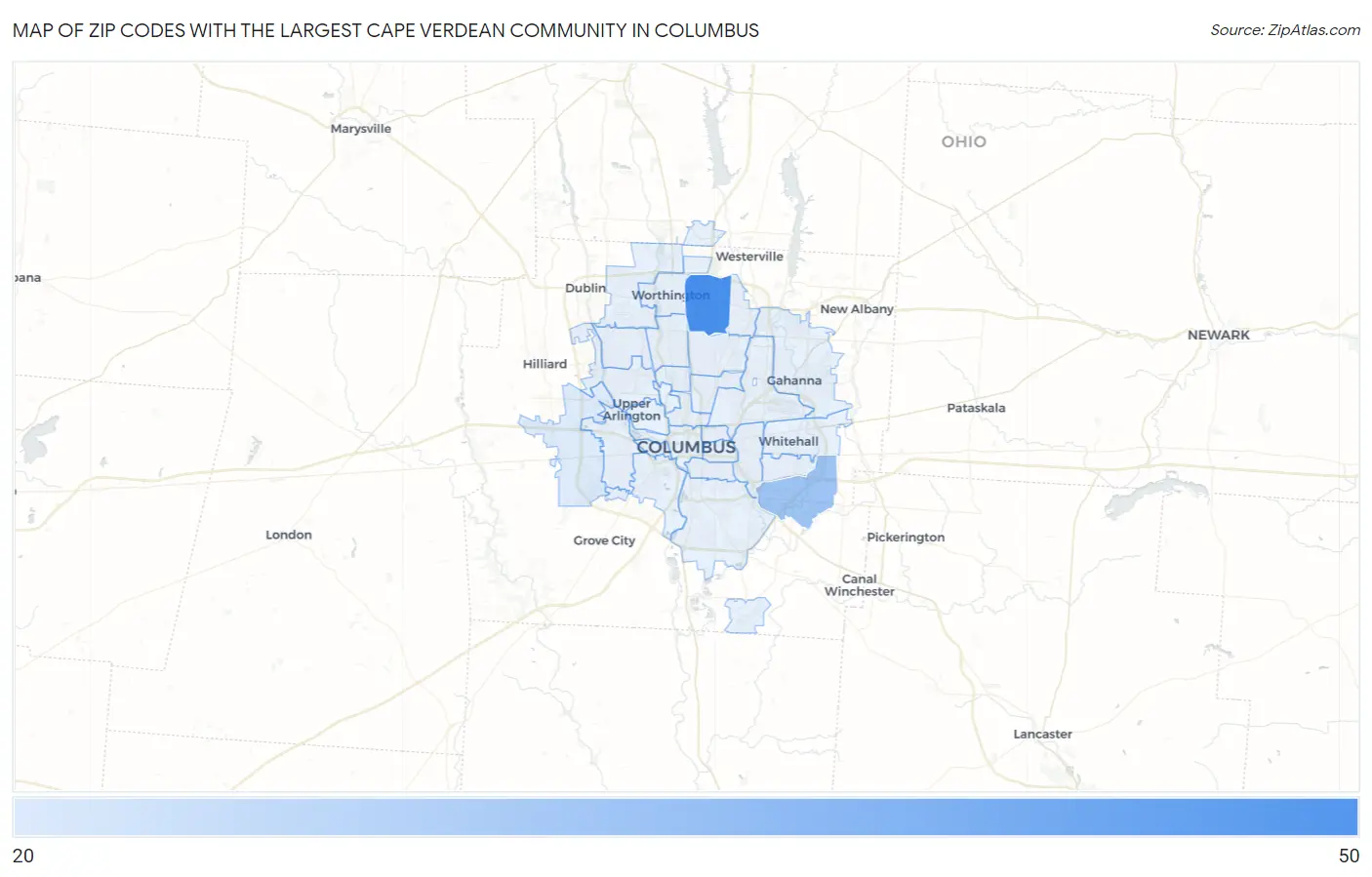 Zip Codes with the Largest Cape Verdean Community in Columbus Map