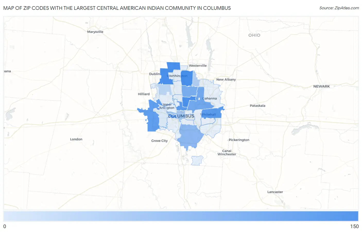 Zip Codes with the Largest Central American Indian Community in Columbus Map