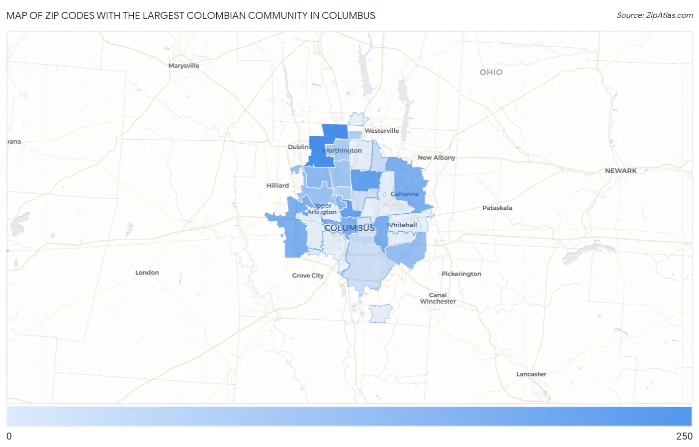Zip Codes with the Largest Colombian Community in Columbus Map