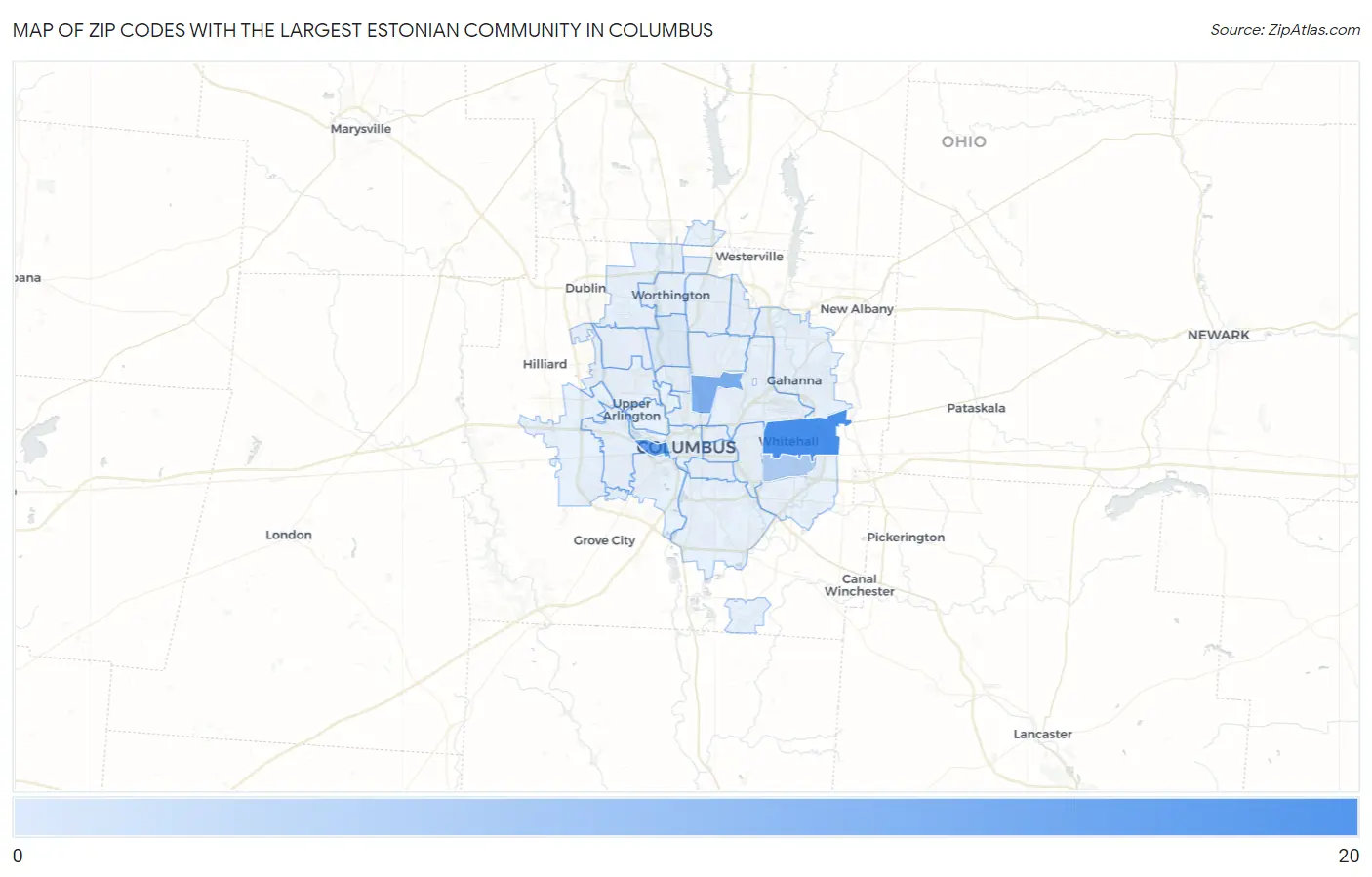 Zip Codes with the Largest Estonian Community in Columbus Map