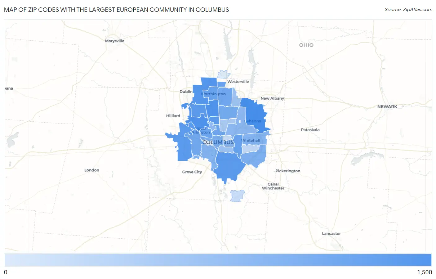 Zip Codes with the Largest European Community in Columbus Map