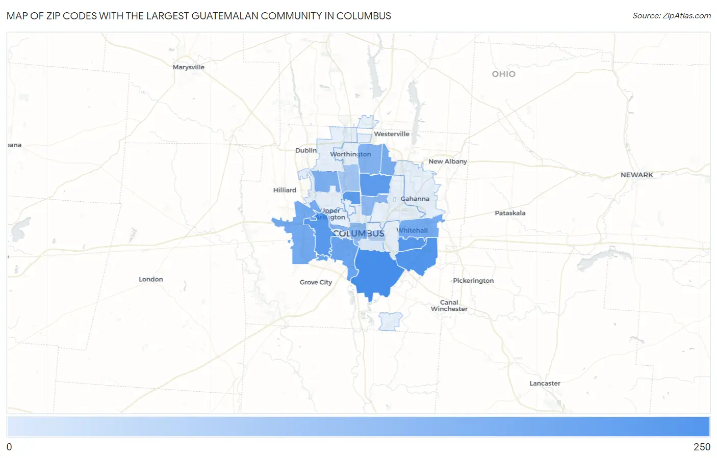 Zip Codes with the Largest Guatemalan Community in Columbus Map