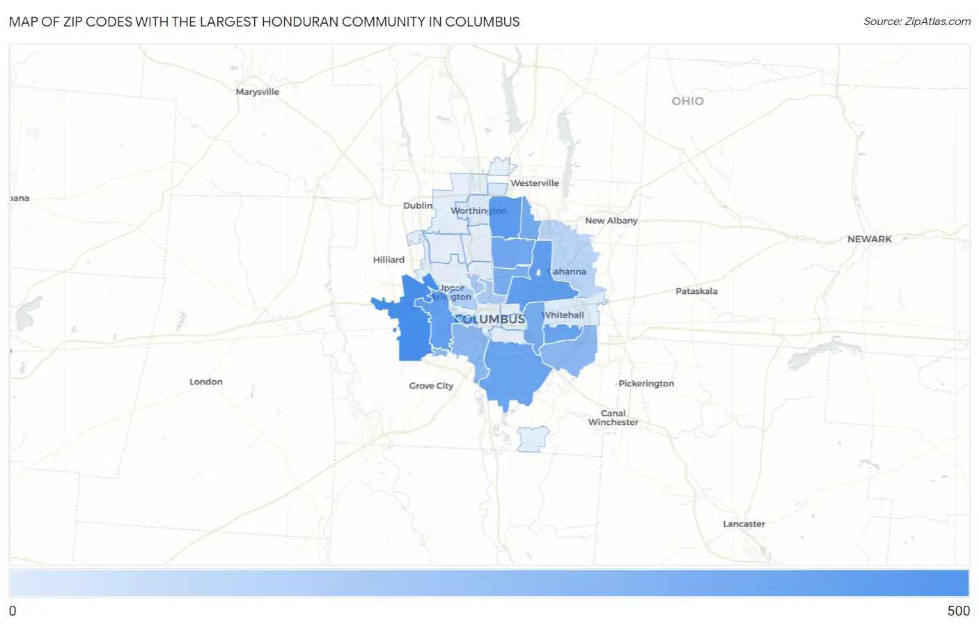 Zip Codes with the Largest Honduran Community in Columbus Map