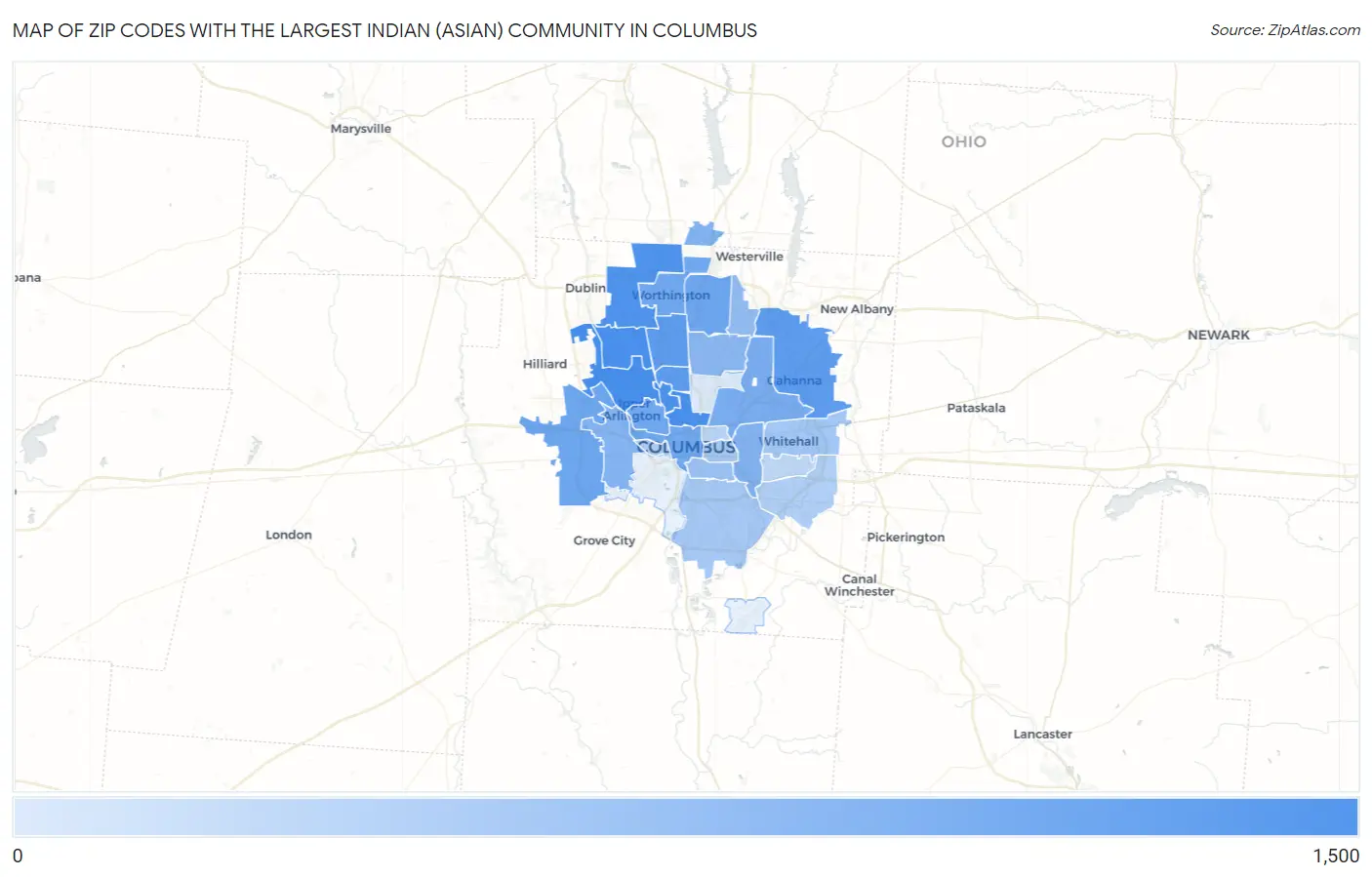 Zip Codes with the Largest Indian (Asian) Community in Columbus Map