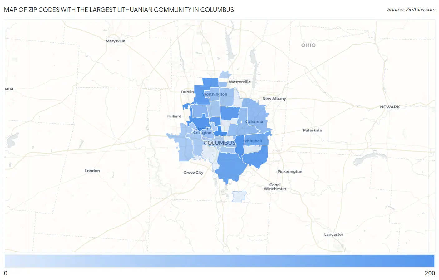 Zip Codes with the Largest Lithuanian Community in Columbus Map