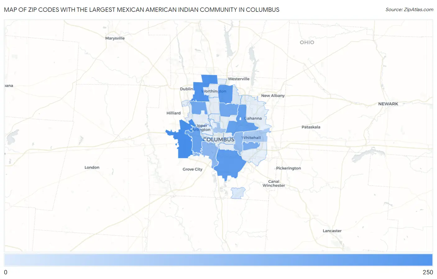 Zip Codes with the Largest Mexican American Indian Community in Columbus Map