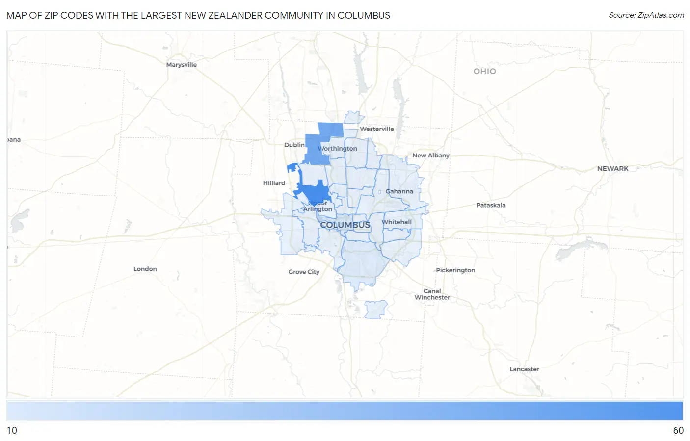 Zip Codes with the Largest New Zealander Community in Columbus Map