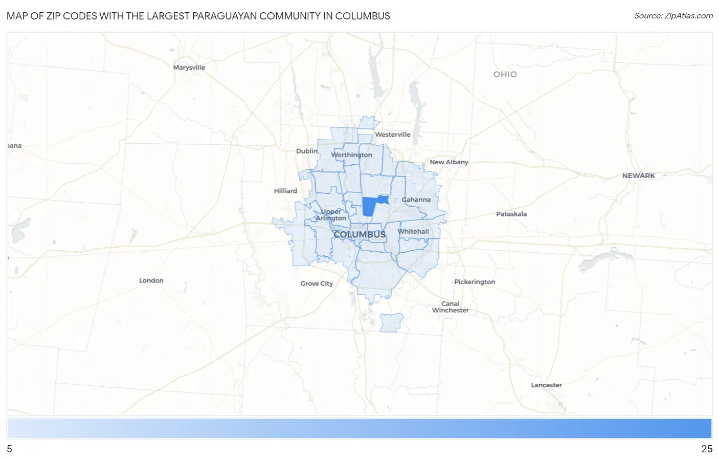 Zip Codes with the Largest Paraguayan Community in Columbus Map