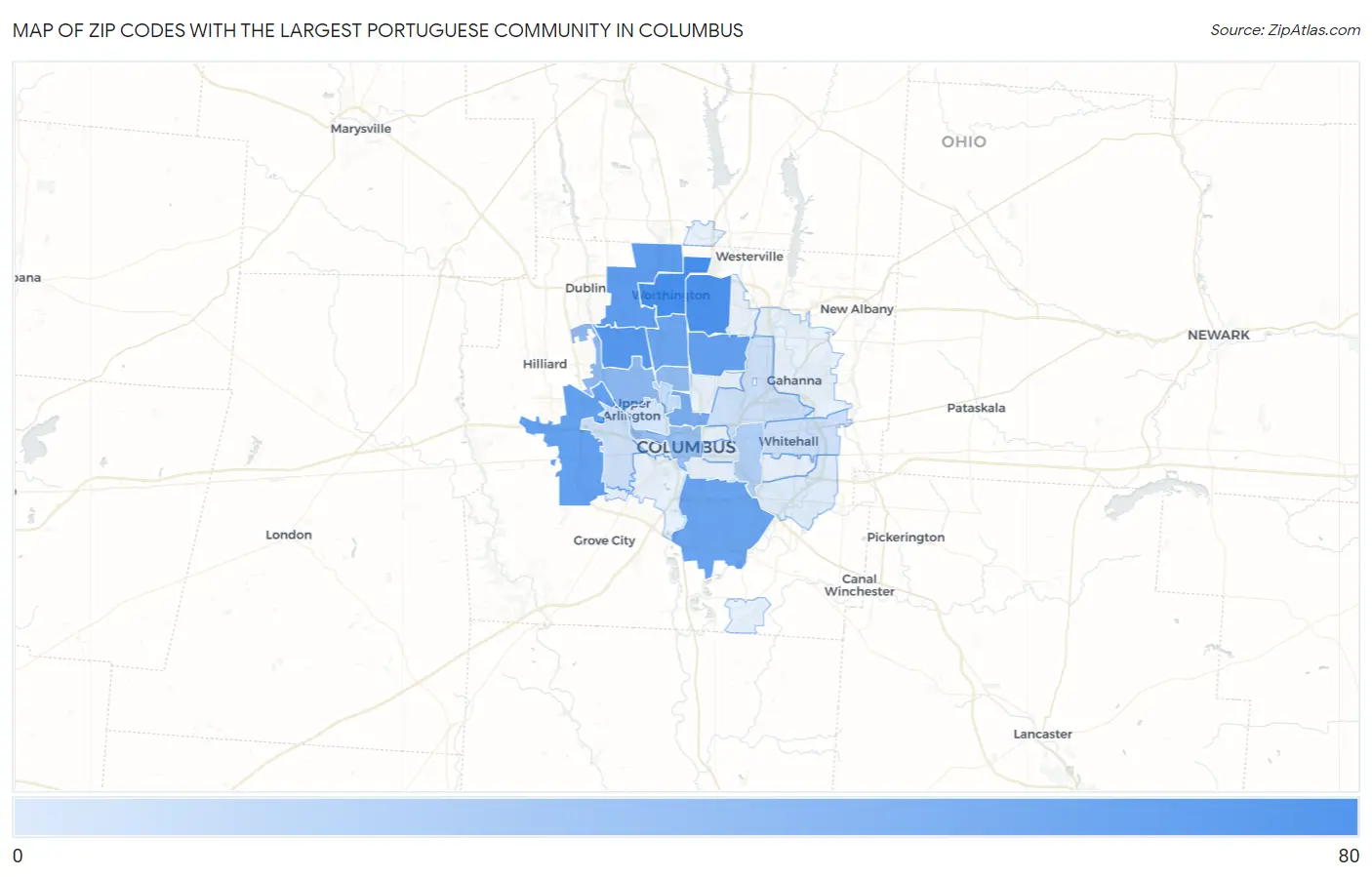 Zip Codes with the Largest Portuguese Community in Columbus Map