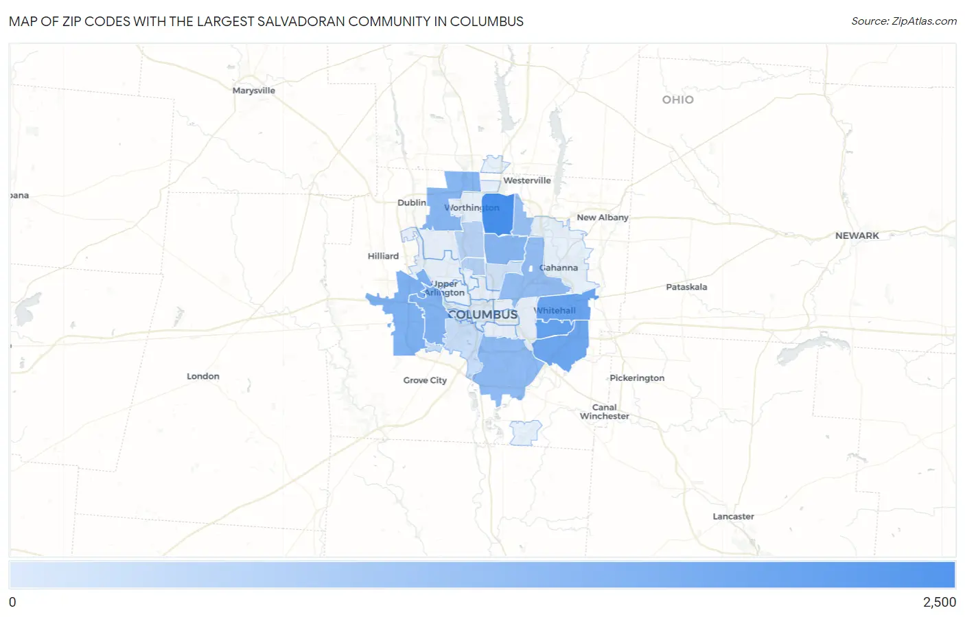 Zip Codes with the Largest Salvadoran Community in Columbus Map