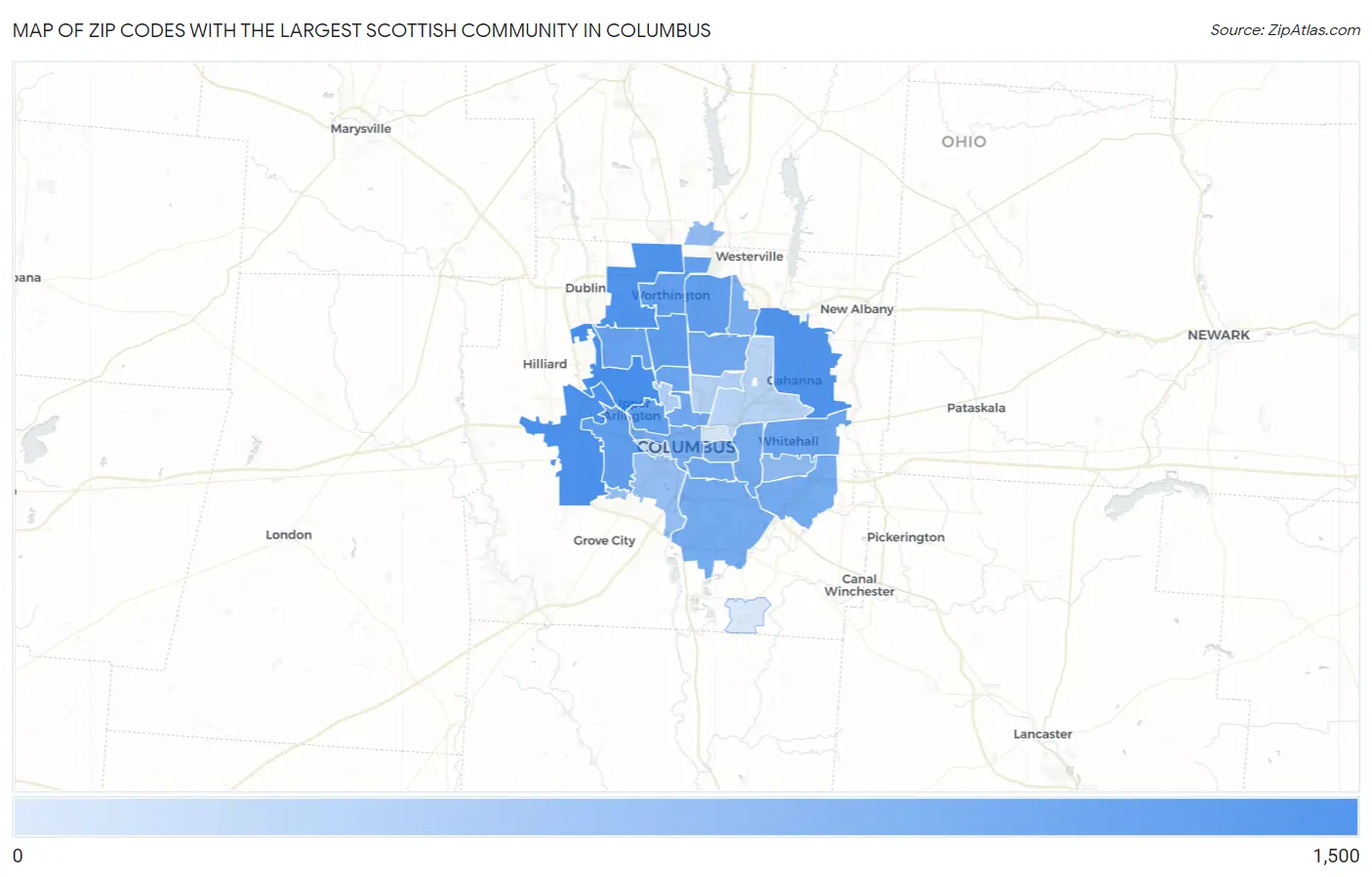 Zip Codes with the Largest Scottish Community in Columbus Map