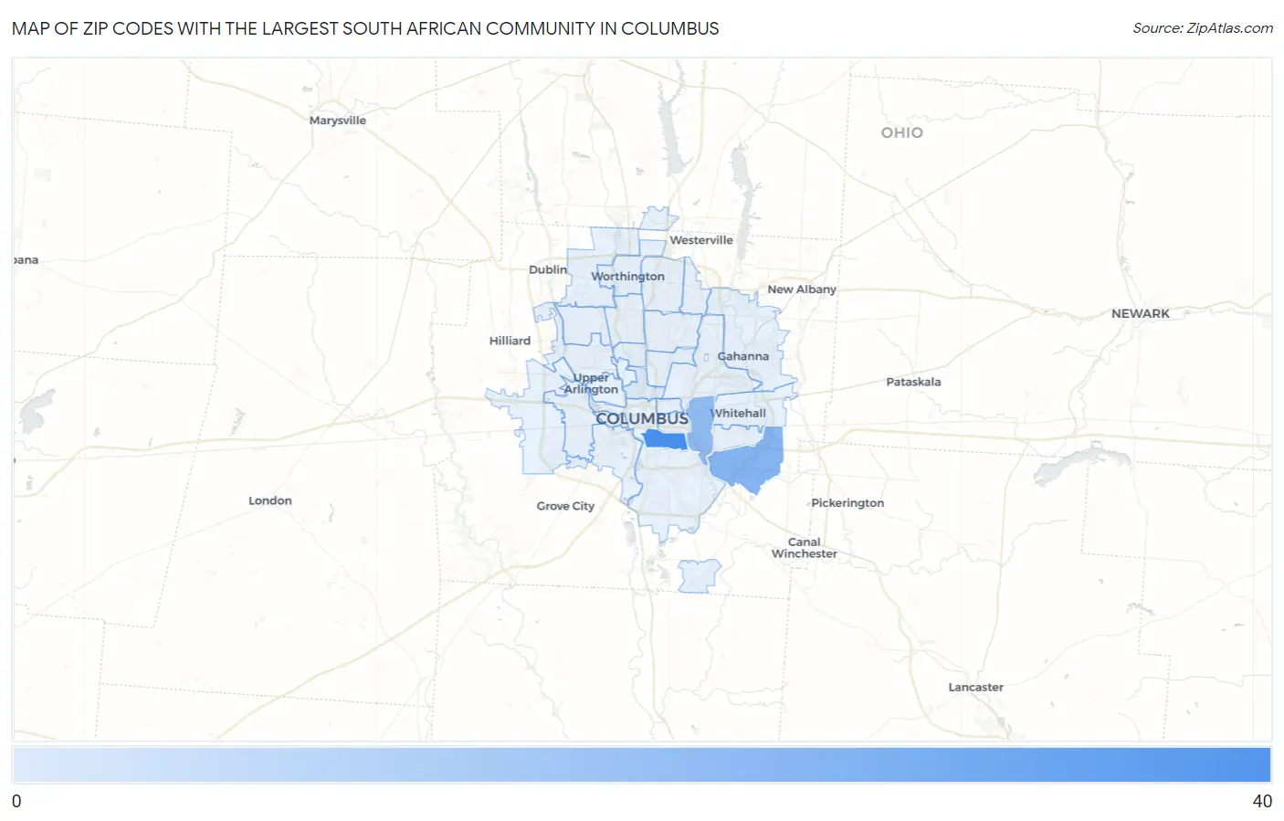 Zip Codes with the Largest South African Community in Columbus Map