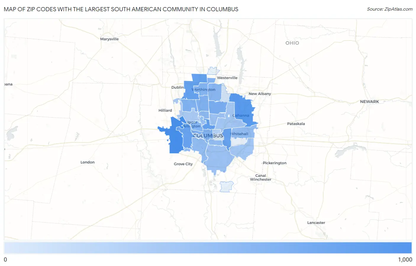 Zip Codes with the Largest South American Community in Columbus Map