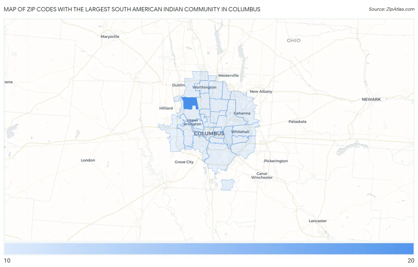 Zip Codes with the Largest South American Indian Community in Columbus Map